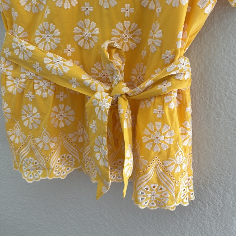 Talbots Yellow White Flutter Sleeve Eyelet Embroidered Floral Blouse Tie Front - Picture 6 of 13